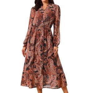 SHEIN Black and Orange Paisley Midi Dress